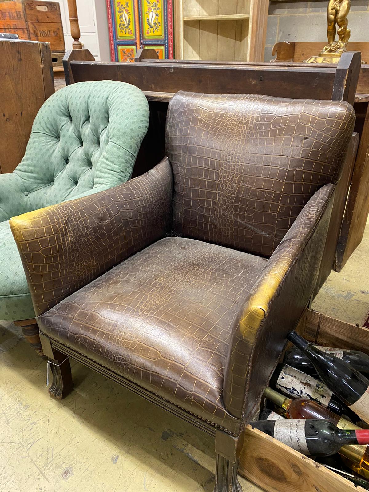 A faux crocodile club chair together with a Victorian spoonback chair